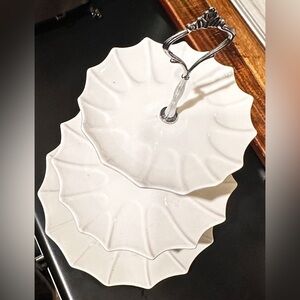 Two-Tier White Ceramic Serving Stand